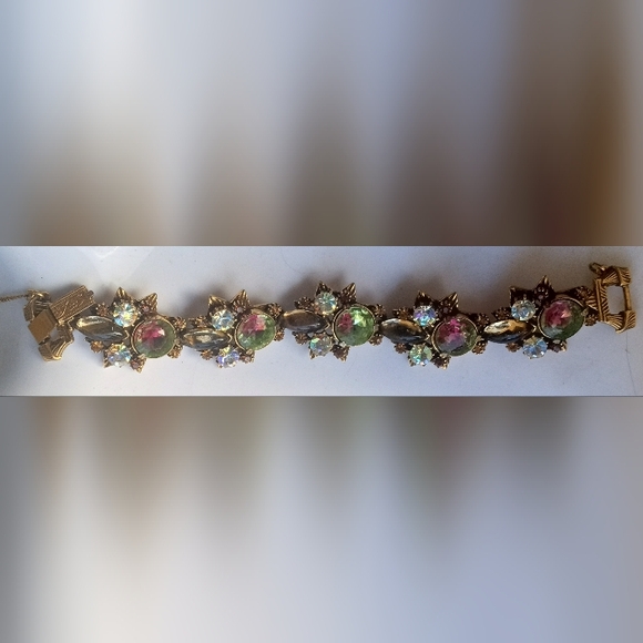 Florenza Watermelon Glass AB Rhinestones Link Signed Vintage 1960's Bracelet - Picture 14 of 16